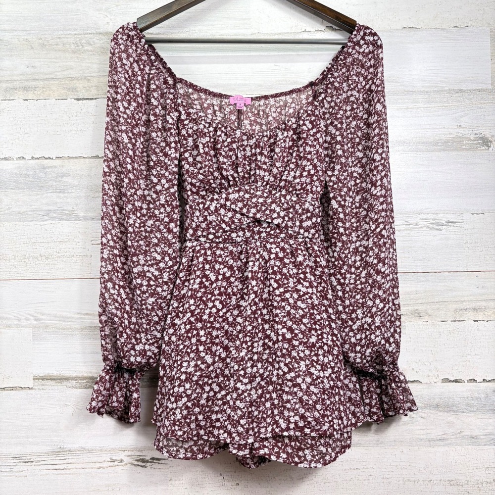 Mi Ami for Francesca's Burgundy Floral Long Sleeve Romper Small Boho Ditsy Fairy